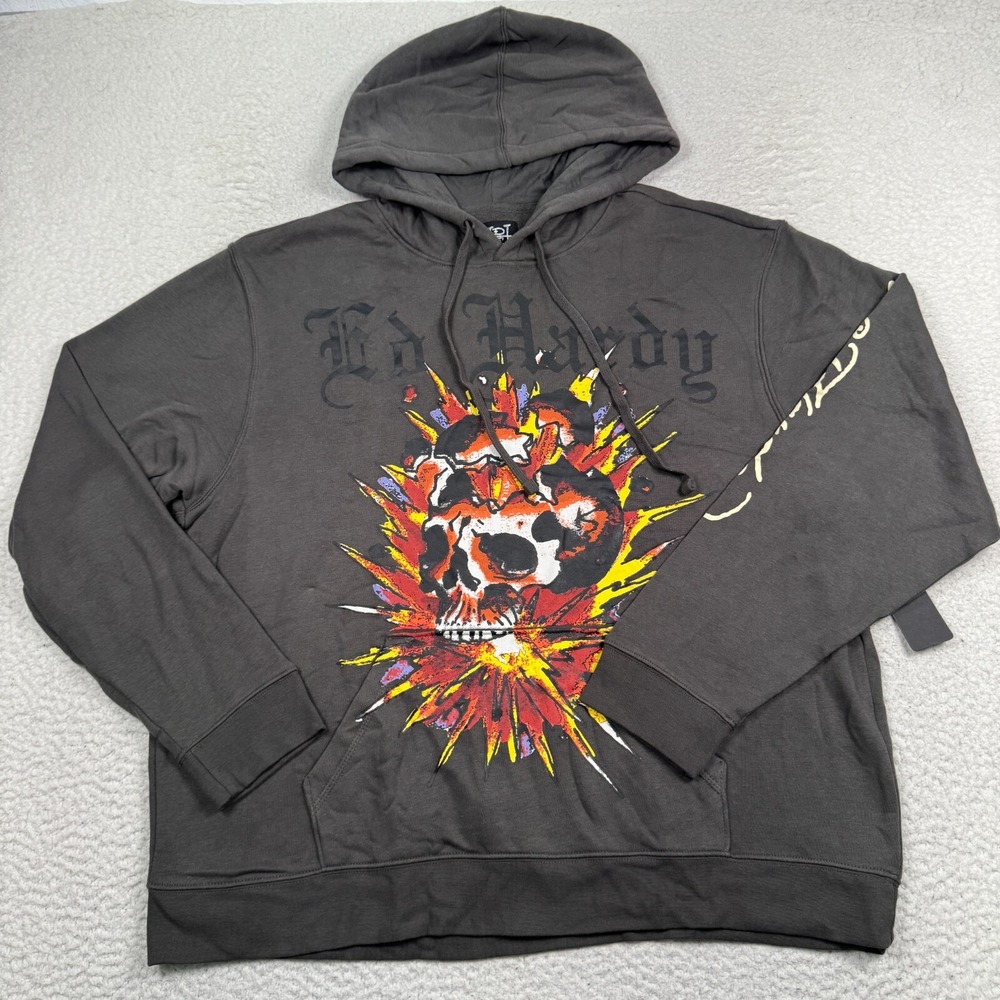 ED HARDY Mens 2XL Retro Dark Grey Exploding Skull Fleece Streetwear Hoodie Y2K